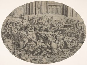 Combattimento tra Amazzoni e uomini davanti ad arcate architettoniche, una composizione ovale, 1543 da Enea Vico