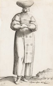 Tavola di costume: Hispania Rustica mul. con etichetta a terra da Enea Vico