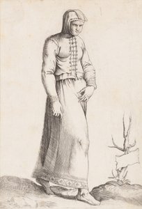 Tavola di costume: Donna con indumento con cappuccio da Enea Vico