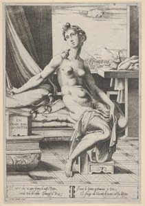 Lucrezia nuda e seduta davanti a una finestra, un pugnale nella mano destra e tenendo, ca. 1535-67 da Enea Vico