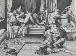 Venere e Marte che si abbracciano mentre Vulcano lavora alla sua fucina