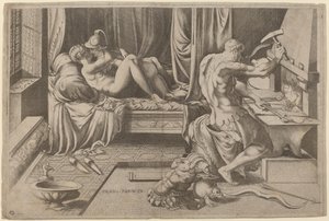 Venere e Marte che si abbracciano con Vulcano alla sua fucina da Enea Vico after Parmigianino