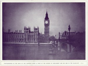 Una vista delle Case del Parlamento e del Big Ben nei raggi della luna del cacciatore, durante il blackout, da The Illustrated War News, pubblicato l