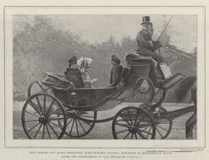 Re Edoardo e Regina Alessandra, con la Principessa Vittoria, di ritorno a Marlborough House dopo la Presentazione delle Medaglie di Guerra il 12 giugno