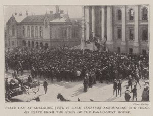 Il giorno della pace ad Adelaide, 2 giugno, Lord Tennyson annuncia i termini della pace dai gradini del Parlamento da English Photographer