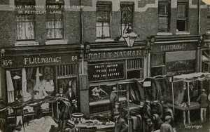 Negozio di pesce fritto di Polly Nathans, Petticoat Lane, Londra