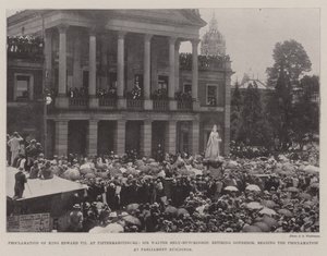 Proclamazione di Re Edoardo VII a Pietermaritzburg, Sir Walter Hely-Hutchinson, governatore in pensione, legge la proclamazione agli edifici del Parlamento