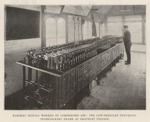 Segnali ferroviari azionati ad aria compressa, il telaio di interblocco pneumatico a bassa pressione alla stazione di Grateley da English Photographer
