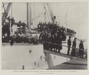 Ritorno delle truppe dalla campagna di frontiera indiana, sbarco dalla nave a vapore Nubia a Southampton da English Photographer