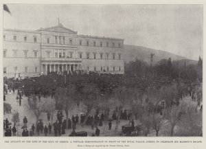 Il tentativo di attentato alla vita del re di Grecia, una dimostrazione popolare davanti al Palazzo Reale di Atene per celebrare la fuga di Sua Maestà