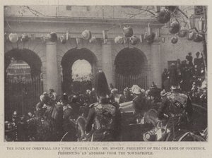 Il Duca di Cornovaglia e York a Gibilterra, il signor Mosley, presidente della Camera di Commercio, presenta un indirizzo dai cittadini da English Photographer