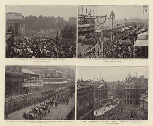 I principi stranieri che passano per Hyde Park Corner, Sir Wilfrid Laurier, GCMG, premier del Canada, e la scorta coloniale a Pall Mall, la brigata navale che attraversa il London Bridge, la processione dal tetto del
