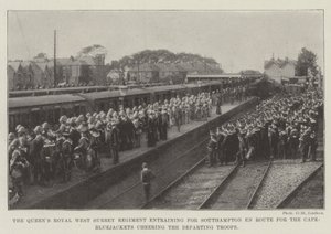 Il Reggimento Reale del Surrey Occidentale della Regina in treno per Southampton in rotta per il Capo, Marinai che salutano le Truppe in Partenza da English Photographer