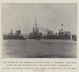 Il test del bacino galleggiante delle Bermuda a Sheerness, il bacino affondato per il galleggiamento della nave da battaglia Sanspareil da English Photographer