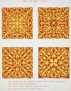 Design di piastrelle del XIII secolo, illustrazione da Esemplari di Pavimenti a Piastrelle, Disegnati da Autorità Esistenti, di Henry Shaw, 1858 da English School