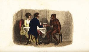 Coppia olandese del XVIII secolo che beve vino con un orango del Borneo al tavolo da pranzo da English School