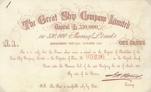 Certificato di una quota da £1 emesso dalla The Great Ship Company Limited da English School