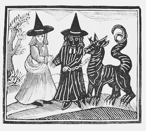Una strega nera e una bianca con un animale diavolo, illustrazione da una raccolta di chapbook sull