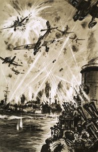 Un convoglio britannico nella Seconda Guerra Mondiale sotto attacco dai Stukas tedeschi da English School