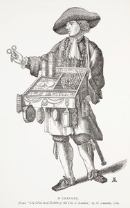 Un venditore ambulante, da The Cries and Habits of the City of London di M. Lauren, 1709, illustrazione del frontespizio da Chap-books of the Eighteenth Century di John Ashton, pub. 1882 da English School