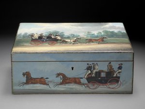 Scatola di sigari dipinta con scene da stampe di Taglioni, c.1840