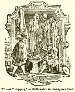 Una fripperia, o bancarella di vestiti al tempo di Shakespeare da English School