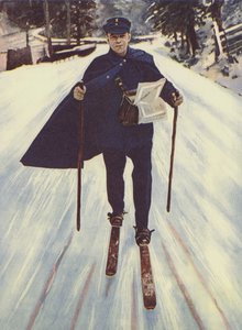 Un postino tedesco sugli sci (litografia a colori)