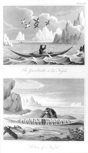 Un groenlandese e il suo kayak, da Storia della Groenlandia di David Crantz, 1820