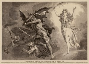 Una Speranza per il Nuovo Anno, lo Spirito della Pace che scaccia i Demoni della Guerra (incisione) da English School