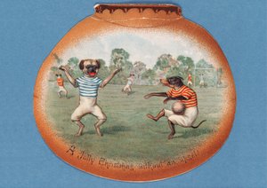 Un Allegro Natale Senza Problemi!, cartolina di Natale raffigurante una partita di calcio tra cani, c.1890s da English School