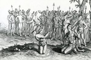 Un re della Florida consulta il suo mago prima di andare in battaglia, illustrazione tratta da Moores Voyages and Travels, 1778 da English School