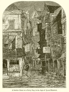 Una strada di Londra in un giorno di pioggia, ai tempi della regina Elisabetta da English School