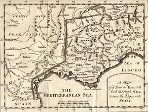 Mappa del percorso di Annibale attraverso la Gallia e le Alpi fino in Italia
