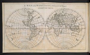 Una Mappa del Mondo, su cui sono delineati i Viaggi di Robinson Crusoe da English School
