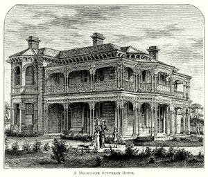 Una casa suburbana di Melbourne (incisione) da English School