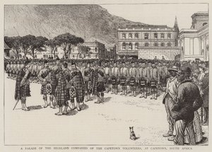 Una parata delle compagnie delle Highland dei volontari di Città del Capo, a Città del Capo, Sudafrica (incisione) da English School