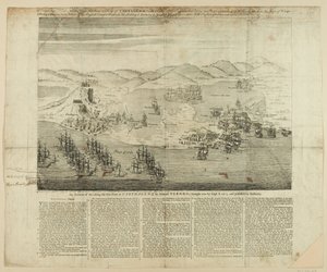 Disegno prospettico della città, del porto e dei forti di Cartagena nel 1739, pubblicato nel 1741 da English School