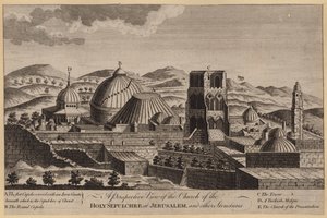 Veduta prospettica della Chiesa del Santo Sepolcro a Gerusalemme e altre strutture