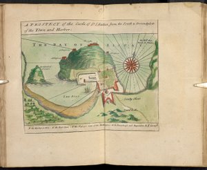 Una prospettiva del castello di San Sebastiano dal sud e pianta della città e del porto da English School