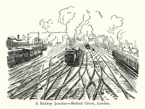 Un incrocio ferroviario, Bethnal Green, Londra (litografia) da English School