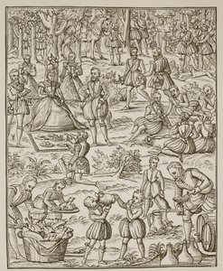 Un picnic reale, tavola da Noble Art of Venerie and Hunting di George Turberville, 1575 da English School