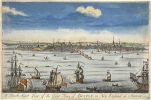 Una vista sud-est della grande città di Boston nel New England, c. 1730 da English School