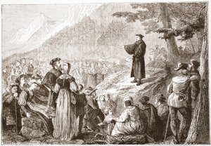 Un riformatore svizzero che predica al suo gregge in campo aperto, illustrazione da La storia del protestantesimo di James Aitken Wylie, pub. 1878 da English School