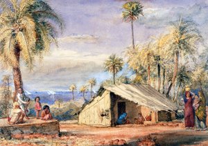Capanna di un raccoglitore di toddy in un boschetto di palme da dattero, Presidenza di Bombay, India da English School