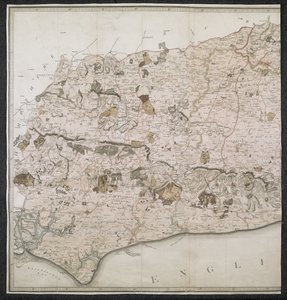 Mappa topografica della contea di Sussex, divisa in Rapes, Deanries e Hundreds. Pianificata da un