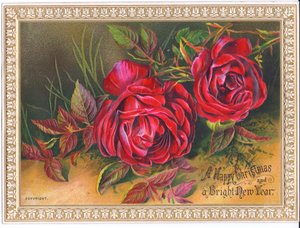 Cartolina di Natale e Capodanno vittoriana raffigurante due grandi rose rosse, c.1880 da English School
