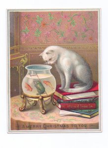 Biglietto di Natale vittoriano raffigurante un gatto seduto su una pila di libri e che guarda in una boccia per pesci rossi, 1880 circa (litografia a colori)
