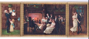 Una cartolina di Natale vittoriana di un padre e i suoi figli, un padre che racconta una storia a un gruppo familiare e un gentiluomo che cerca di baciare una signora sotto il vischio, c.1880
