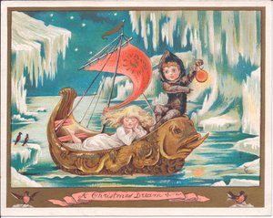 Cartolina natalizia vittoriana con una fata ragazza addormentata in una barca ornata a forma di delfino su un mare ghiacciato mentre un fata ragazzo tiene una lampada, c.1880 da English School