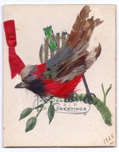 Una Cartolina di Natale Vittoriana di un Pettirosso Fatto di Piume